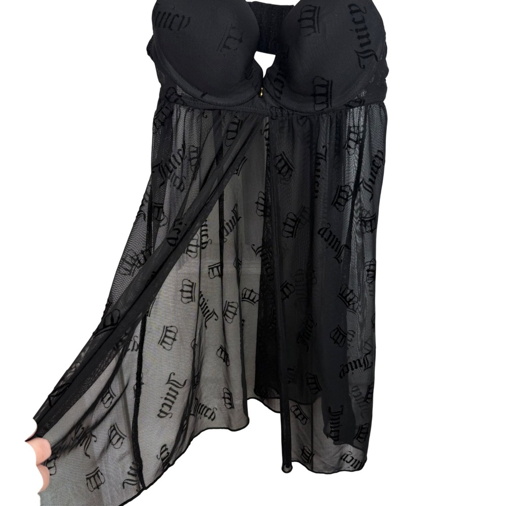 Juicy Couture Intimates‎ Black Mesh Babydoll Lingerie Dress Logo Sheer Size S